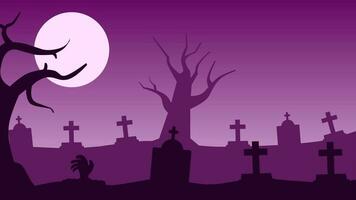 Spooky cemetery landscape vector illustration for halloween event. Graveyard landscape at night for Halloween celebration. Halloween landscape for background, wallpaper, or landing page