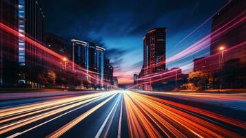 Colorful light trails from passing cars at night photo