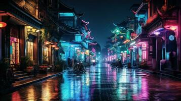 Vibrant streetscapes alive with neon lights photo