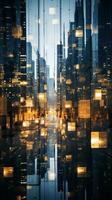 Glittering city lights reflected in glass skyscrapers photo