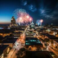 Spectacular fireworks display over downtown buildings photo