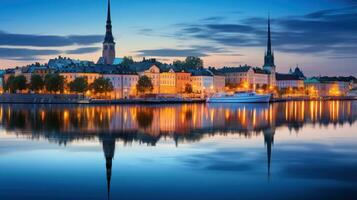 Serene waterfront cityscape with reflections in water photo