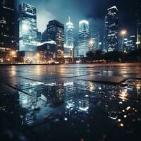 Glittering city lights reflected in glass skyscrapers photo