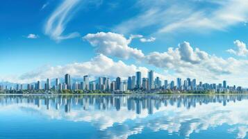 Serene waterfront cityscape with reflections in water photo