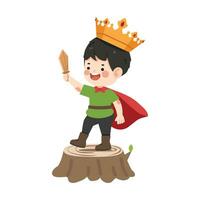 Kid Boy wearing cape holding  wooden sword on a wood vector