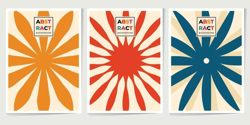 Abstract groovy seamless pattern. Sunburst, swirl, geometric, waves with funny happy daisy retro color for vintage vibes poster. Flat vector background isolated.