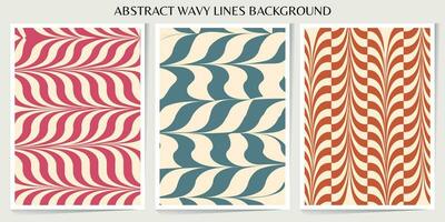 Set of abstract wavy lines seamless pattern. Sunburst, swirl, grunge, waves retro groovy color for vintage vibes poster. Flat vector background isolated.