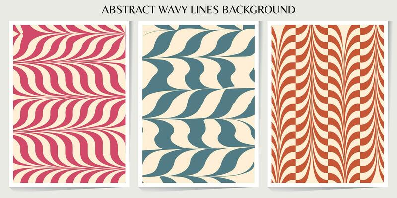 Set of abstract wavy lines seamless pattern. Sunburst, swirl, grunge, waves retro groovy color for vintage vibes poster. Flat vector background isolated.