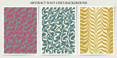 Set of abstract wavy lines seamless pattern. Sunburst, swirl, grunge, waves retro groovy color for vintage vibes poster. Flat vector background isolated.