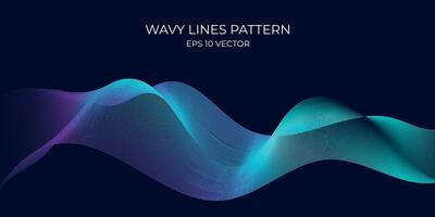 Vector wavy lines pattern smooth curve flowing dynamic blue green gradient light isolated on navy background. Concept for technology, digital, communication, science, music.