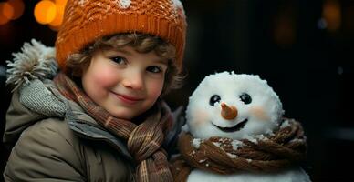 Joyful child with a festive snowman - AI generated image photo