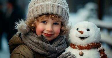 Joyful child with a festive snowman - AI generated image photo