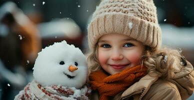 Joyful child with a festive snowman - AI generated image photo