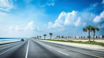 Empty asphalt road beside the sea background, highway beside the sea, outdoors horizontal image, Generative AI illustration photo