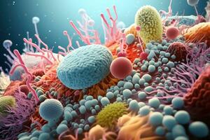 Bacterial diversity. Microscopic view of various bacteria species, diverse shapes and arrangements. Bacterial cells, cell walls, flagella, pili, biofilm formation. Microbiological. AI Generated photo