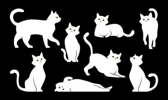 variantes de gato posa vector conjunto de blanco gato con verde ojos, ilustración aislado en negro