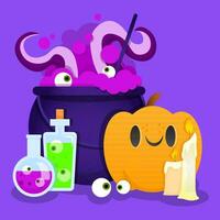 Composition for Halloween from a witch's cauldron, pumpkin, candles and potion in jars vector