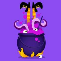 Boiling cauldron with potion, witch legs and octopus tentacles vector