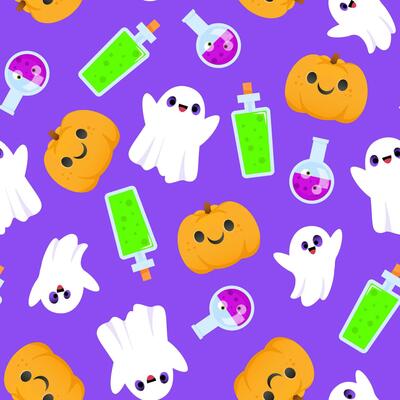 Seamless Halloween pattern with pumpkins, potion and ghosts