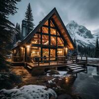 acogedor cabina con Nevado montaña puntos de vista foto