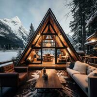 Cozy cabin with snowy mountain views photo