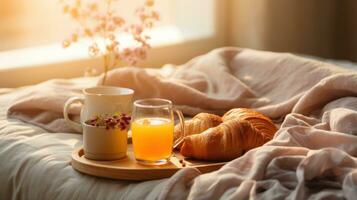 Lazy morning in bed with breakfast photo