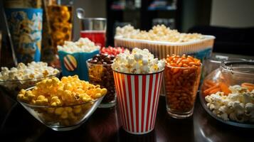 película maratón con palomitas de maiz y meriendas foto