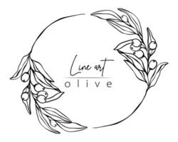 Botanical line illustration of olive leaves, branch wreath for wedding invitation and cards, logo design, web, social media and posters template. Elegant minimal style floral vector isolated.