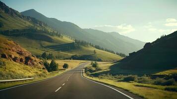 Mountain road. Landscape with rocks, sunny sky with clouds and beautiful asphalt road in the evening in summer. Highway in mountains, Generative AI illustration photo