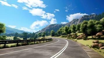 Mountain road. Landscape with rocks, sunny sky with clouds and beautiful asphalt road in the evening in summer. Highway in mountains, Generative AI illustration photo