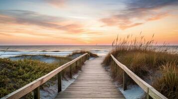 Empty wooden walkway on the ocean coast in the sunset time, pathway to beach, Generative AI illustration photo