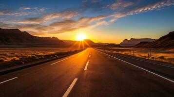 Landscape with country road, empty asphalt road on sunset background. Multicolor vibrant outdoors horizontal image, Generative AI illustration photo