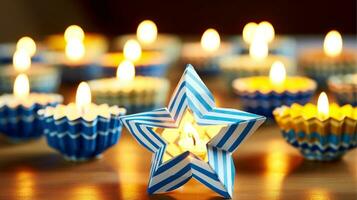 Hanukkah festive celebration concept, glow of the menorah with shining candles and star, Generative AI illustration photo