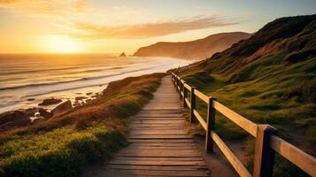 Empty wooden walkway on the ocean coast in the sunset time, pathway to beach, Generative AI illustration photo