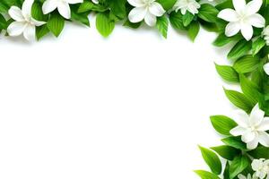 Floral border frame card template. green flowers, leaves, for banner, wedding card. Springtime composition with copy-space, Generative AI illustration photo