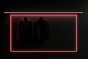 luxury and fashionable brand new interior of cloth store with neon dark background, advertising of black friday cheap clothes, Generative AI illustration photo