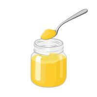 Vector illustration, ghee on a spoon, and in a glass jar, isolated on white background.