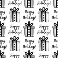 Gift box with a present inside seamless vector pattern. Happy Holidays, surprise with ribbon, bow, hearts. Striped container for Birthday, Valentines Day. Black and white background for print, cards