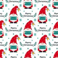 Cute gnome seamless vector pattern. A bearded elf is holding a sign with a wish for Merry Christmas. Santa Claus helper in a polka dot stocking cap, mistletoe branches, snowflakes. Cartoon background