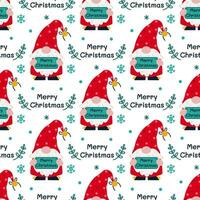 Cute gnome seamless vector pattern. A bearded elf is holding a sign with a wish for Merry Christmas. Santa Claus helper in a polka dot stocking cap, mistletoe branches, snowflakes. Cartoon background