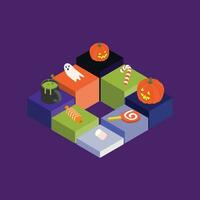 colorful isometric Halloween banner with pumpkin and treats for promotion sales vector