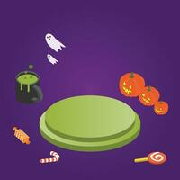 colorful isometric Halloween banner with pumpkin and treats and podium for advertising promotion vector