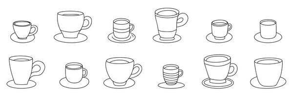 Collection doodle cups with plates. Outline cup with saucers isolated on white background vector illustration.