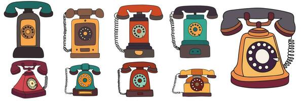 Big collection of retro phone colored outline. Phone in doodle style isolated on white background. Hand drawn old phone. Vector illustration.