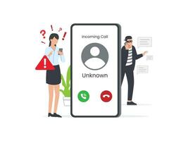 Concept of Cheating, Pranks, or Scams. Fraud People Makes Suspicious Call from Unknown Number on Smartphone. Cartoon Flat Vector Illustration.