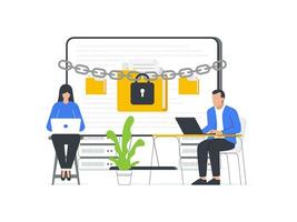 A man and woman attempt to unlock a secure document folder on a computer, illustrating the concept of a ransomware attack. Flat design vector illustration.