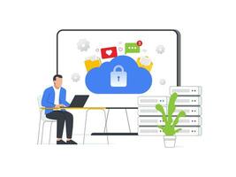 Cybersecurity in cloud-based media management. Protecting data files and documents in digital folders during data transfers. Vector illustration of cloud storage icon.