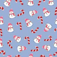 Seamless winter pattern with snowman and Christmas candy cane. vector