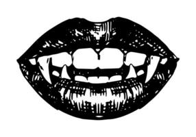 Vampire mouth, open lips, long teeth. Beautiful female lips and sharp fangs. Halloween hand drawn vector illustration in retro style. Dark theme ink sketch isolated on white.