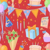 Birthday party vector seamless pattern. Cartoon illustrations of bouquet, cake, popper, gift, card, balloons, festive flags. Bright modern ornament.